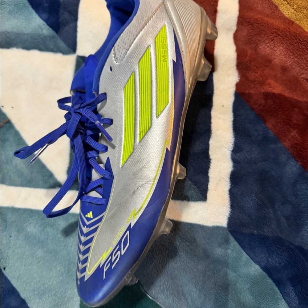 adidas White, Blue & Neon Yellow F50 Messi Soccer Cleats - Picture 7 of 7